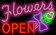 Flowers Open Neon Sign w/ Rose