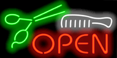 Scissors and Comb Open Neon Sign