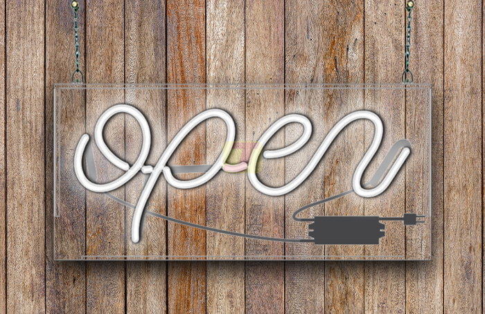 White Script Open Neon Sign