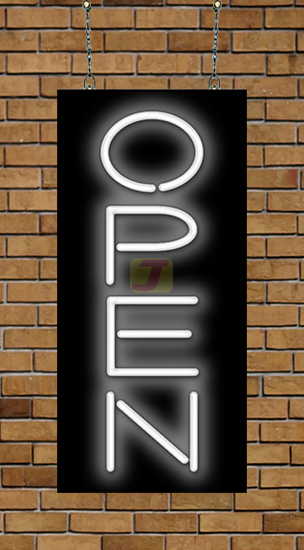 Small Vertical White Open Neon Sign