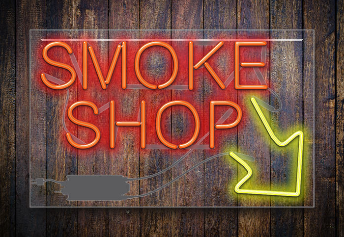 Smoke Shop with Right Arrow Neon Sign