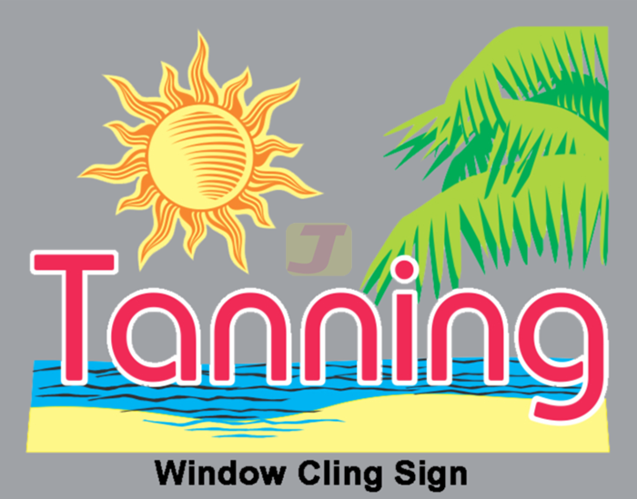 Tanning with Sun & Beach Static Cling Window Sign
