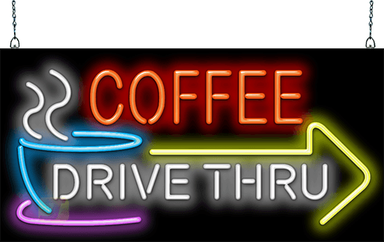 Coffee Drive Thru with Right Arrow Neon Sign