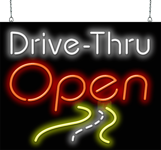 Drive-Thru OPEN with Road Scene Neon Sign