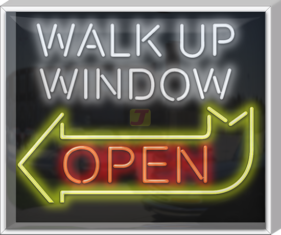 Outdoor Walk Up Window Open Neon Sign with Left Arrow