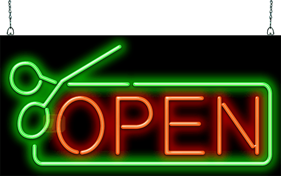 Open with Scissors Border Neon Sign