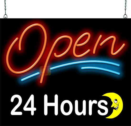 Open 24 Hours with Moon Neon Sign