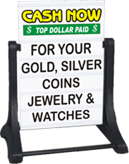 Sidewalk Swinger Sign with Cash Now Top Dollar Paid HEADER